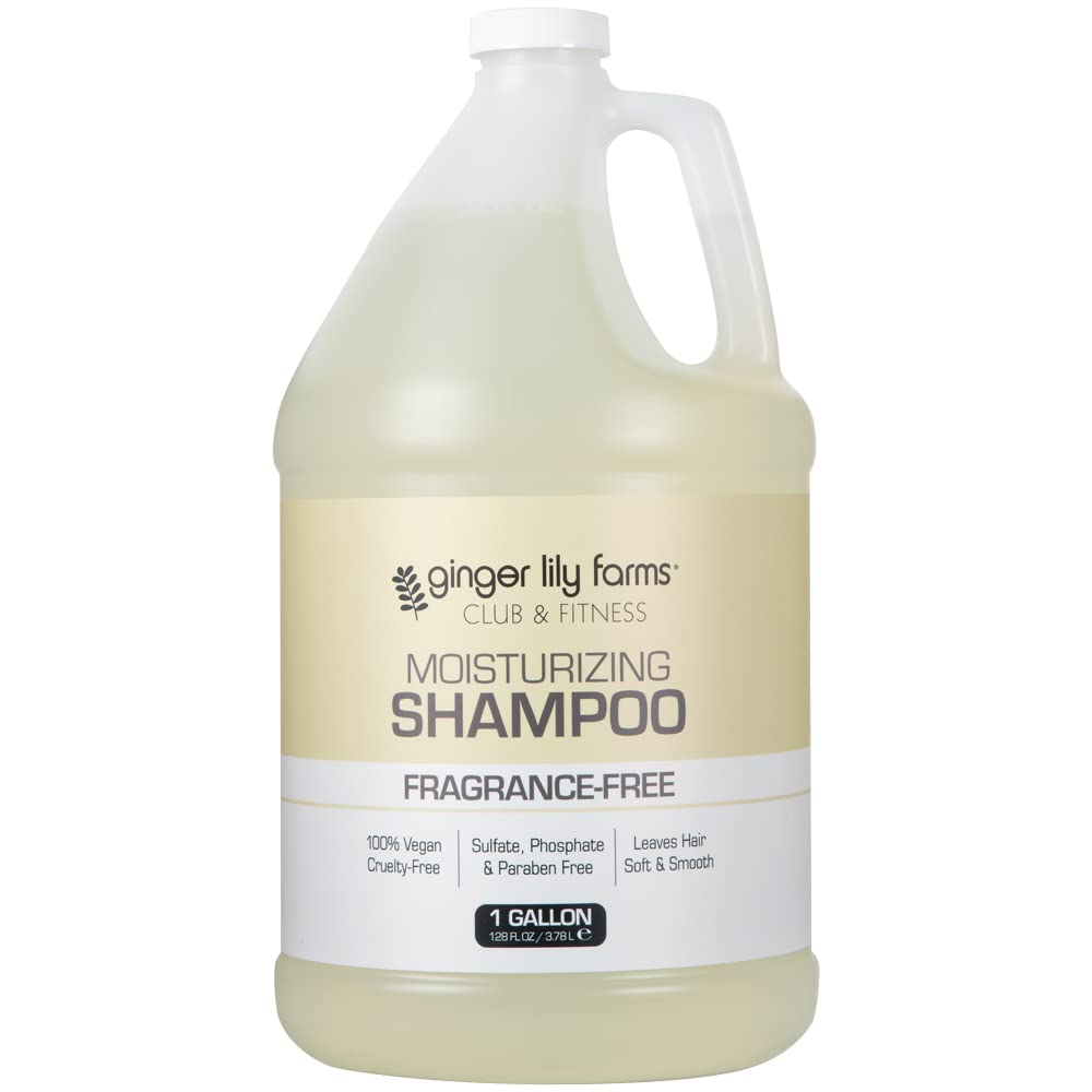 Ginger Lily Farms Club & Fitness fragrance-free shampoo bottle delivers fragrance-free moisture for all hair types.