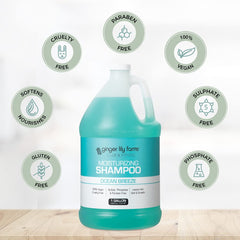 Back label of Ginger Lily Farms Ocean Breeze shampoo with vegan cruelty-free notes