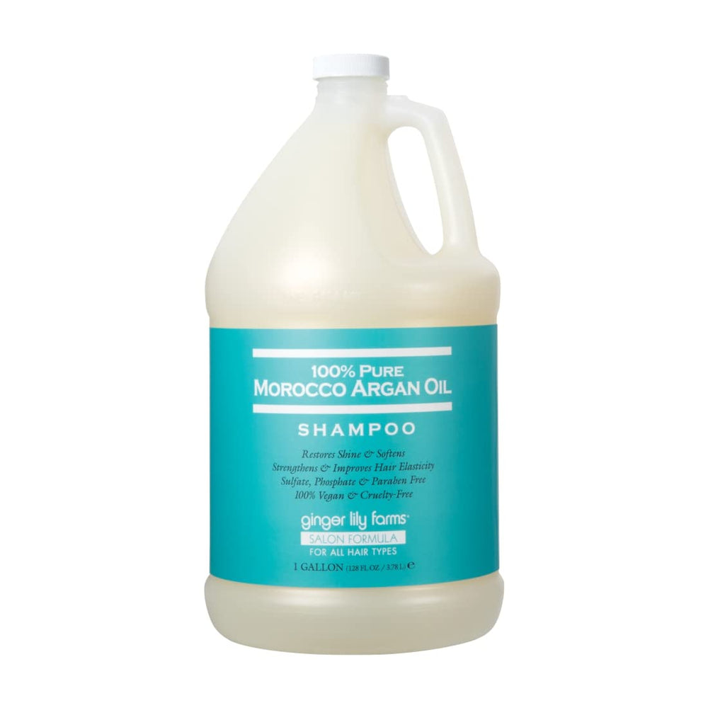 Ginger Lily Farms argan oil shampoo bottle showing nourishing formula for shiny hair