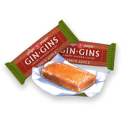The GIN GINS spicy apple ginger chews box highlights a flavorful, bite-sized treat.