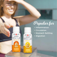 Shot ingredients spread highlights turmeric, lemon, and coconut notes.