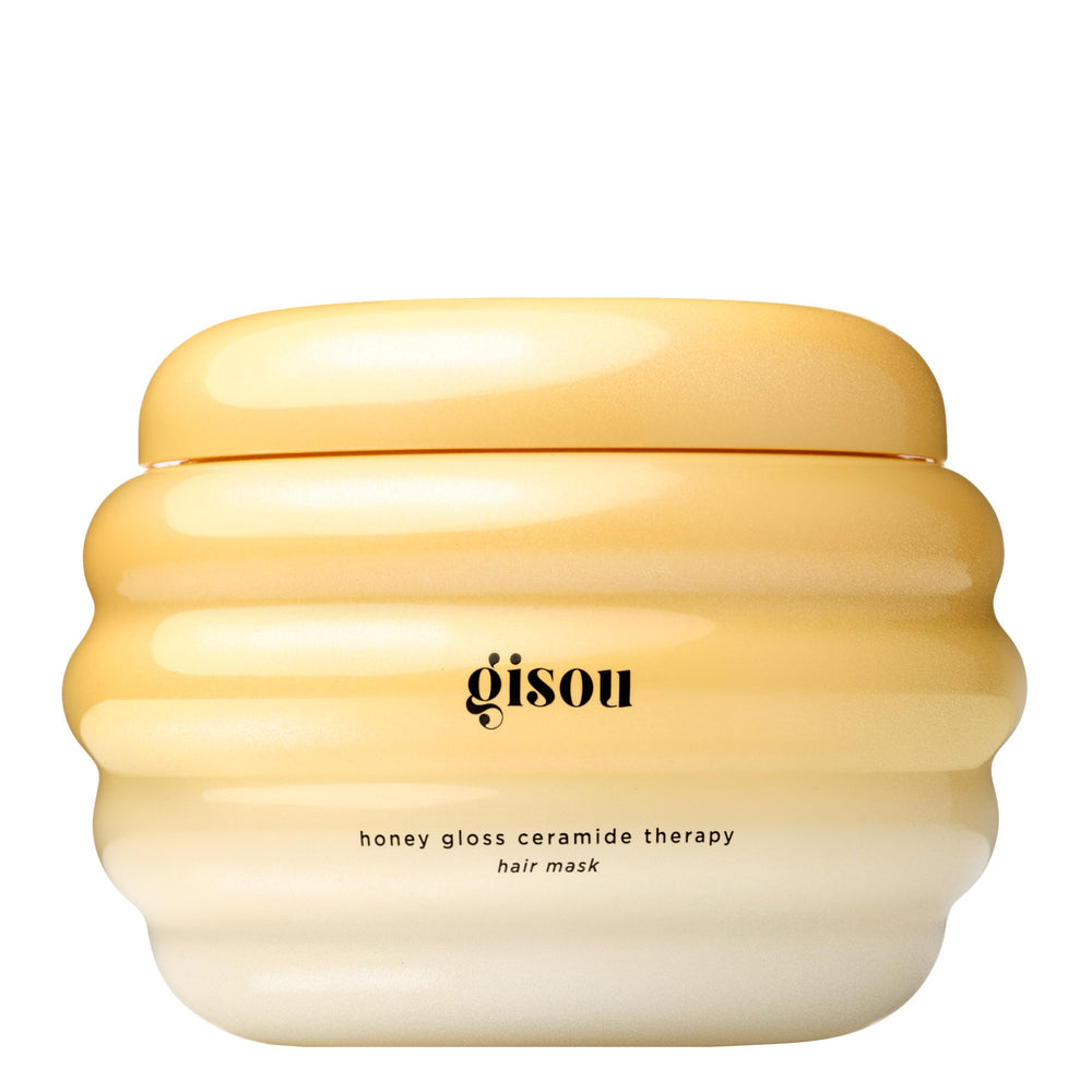 Gisou Honey Gloss Ceramide Therapy Mask bottle showing rich hydration potential for hair.