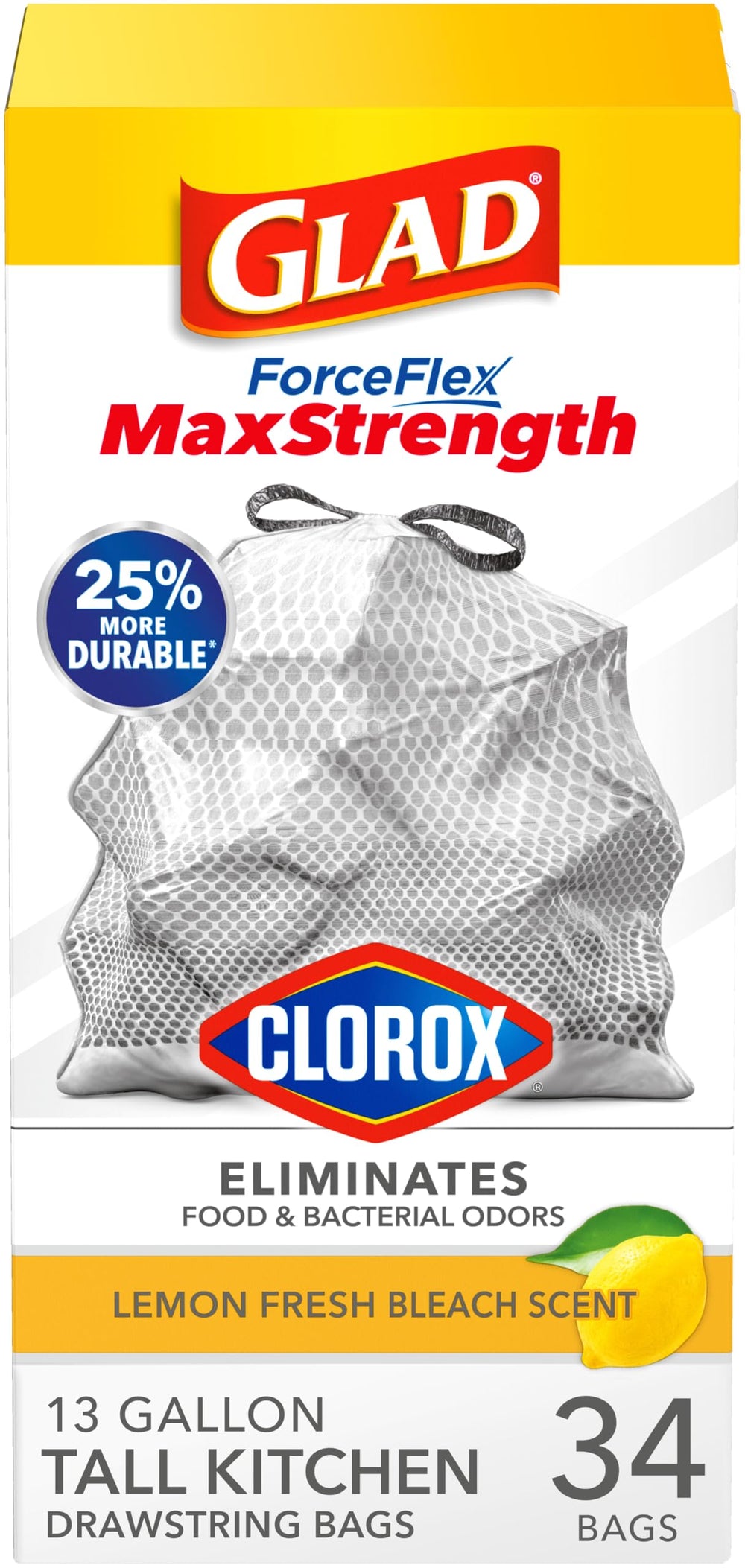 Glad ForceFlex MaxStrength drawstring tall bags highlight leak protection for clean counters