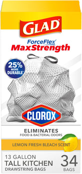 Glad ForceFlex MaxStrength drawstring tall bags highlight leak protection for clean counters