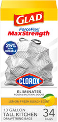 Glad ForceFlex MaxStrength drawstring tall bags highlight leak protection for clean counters