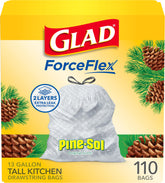 Glad ForceFlex 13-gallon bag demonstrates stretch strength for bulky waste.