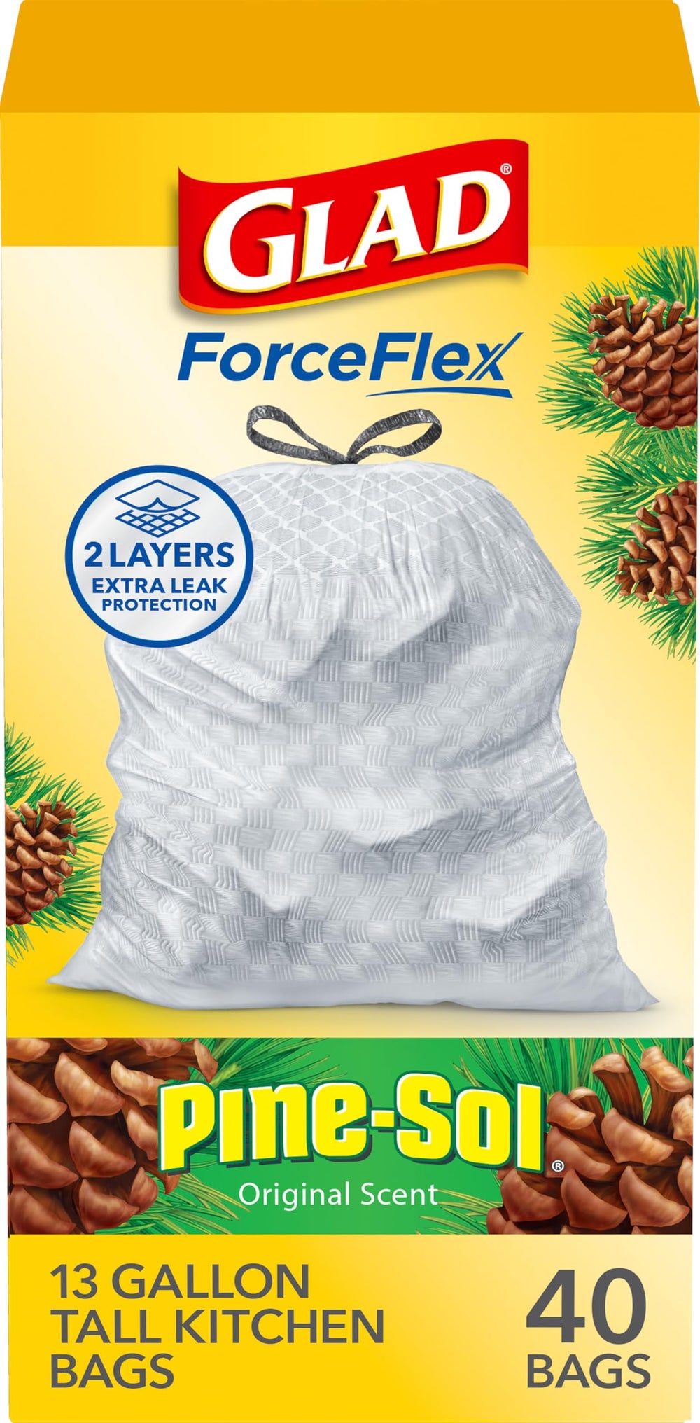 Glad ForceFlex tall kitchen bags with drawstring closeup showing secure grip on can.