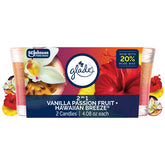 Glade 1-Wick 2in1 candle with Hawaiian Breeze and Vanilla Passion Fruit for refreshing rooms.