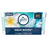 Glade Aqua Waves candle jar with warm glow for a refreshed living space.