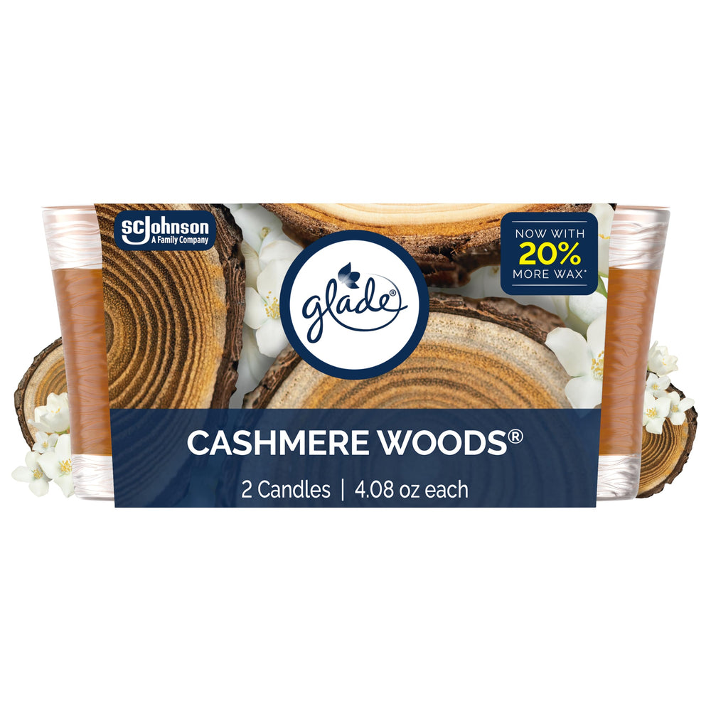 Glade Cashmere Woods candle jar closeup with warm sandalwood and jasmine aroma