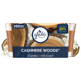 Glade Cashmere Woods candle jar closeup with warm sandalwood and jasmine aroma