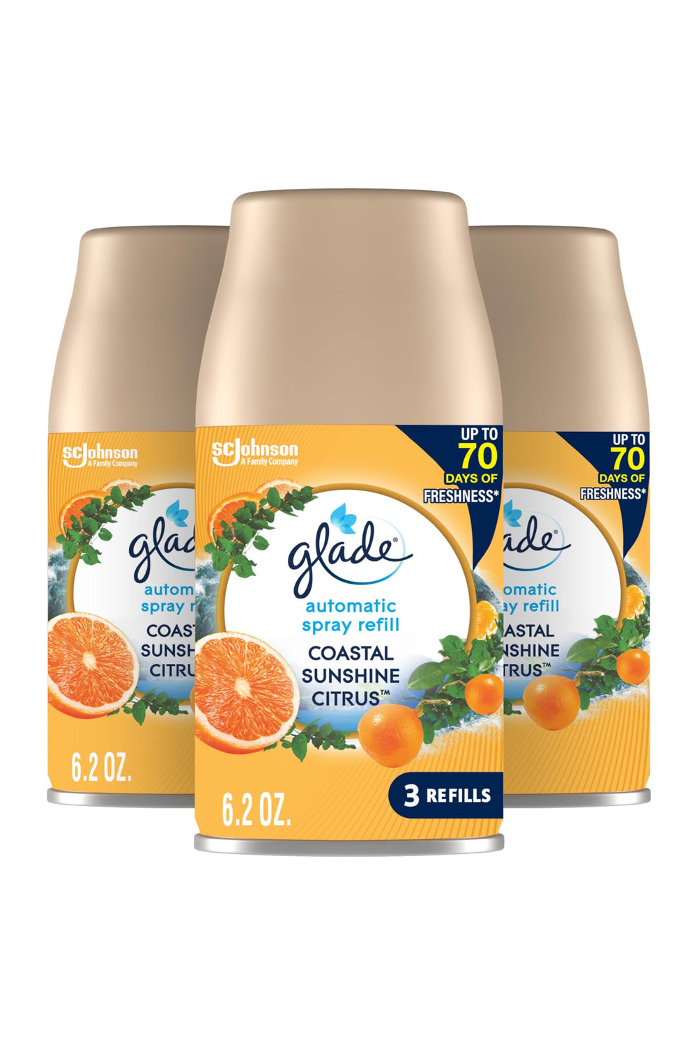 Glade Coastal Sunshine Citrus bottle promotes fresh citrus mood for living spaces.