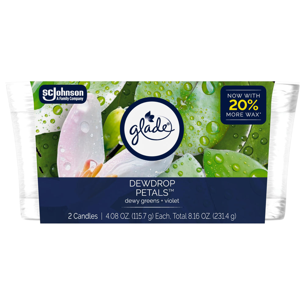 Glade Dew Drop Petals candle jar front view with fragrant glow