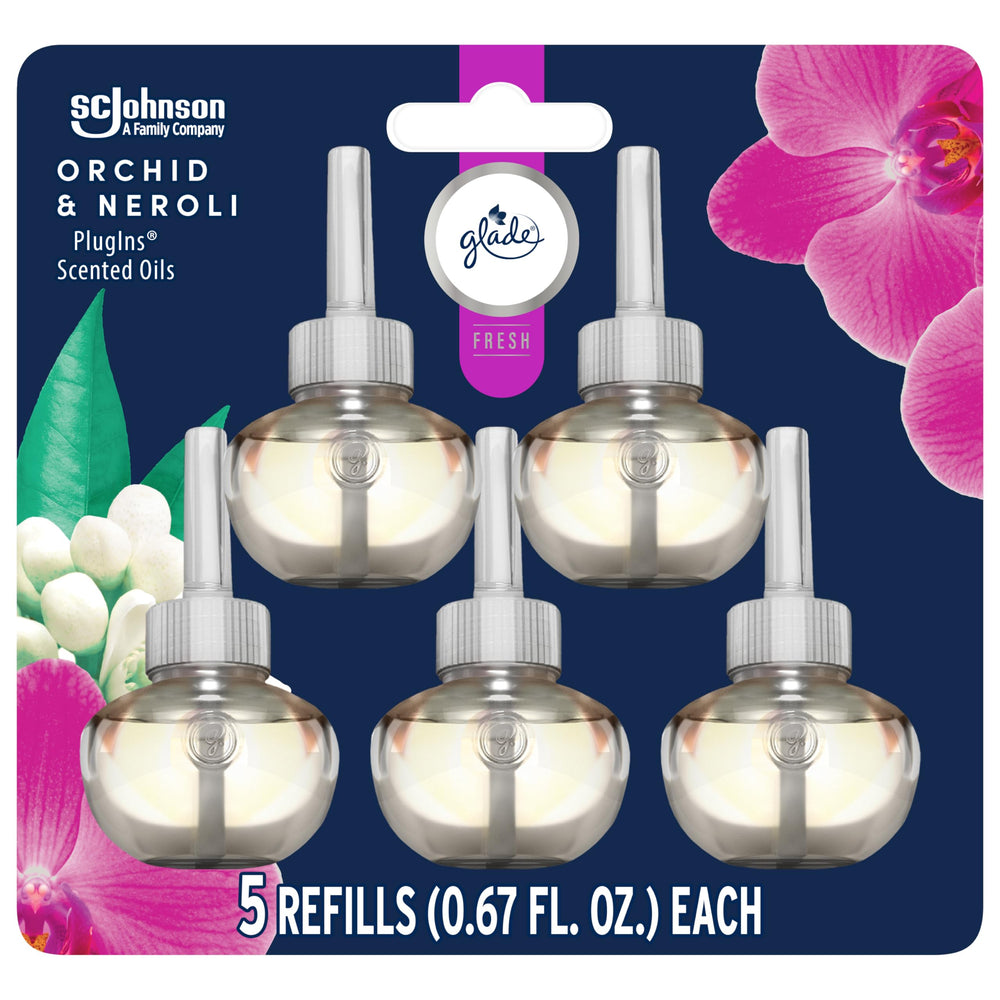 Glade PlugIns Orchid & Neroli bottle closeup highlighting fresh floral fragrance