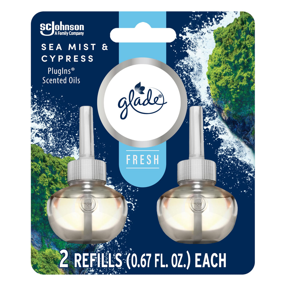 Glade PlugIns Sea Mist & Cypress packaging with two refills ready for easy replacement.