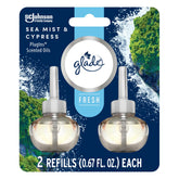 Glade PlugIns Sea Mist & Cypress packaging with two refills ready for easy replacement.