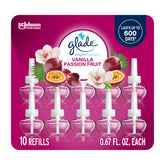 Glade PlugIns Vanilla Passion Fruit refill pack enhances rooms with lasting fragrance.