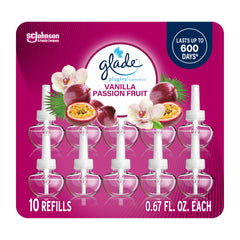 Glade PlugIns Vanilla Passion Fruit refill pack enhances rooms with lasting fragrance.