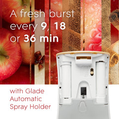 Glade automatic spray timing options shown for 9, 18, or 36 minute bursts.