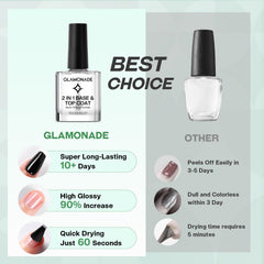 Glamonade base top coat applied on nails delivers quick, lasting shine.