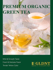 Steeped GLDNT green tea in a cup illustrating smooth, refreshing taste