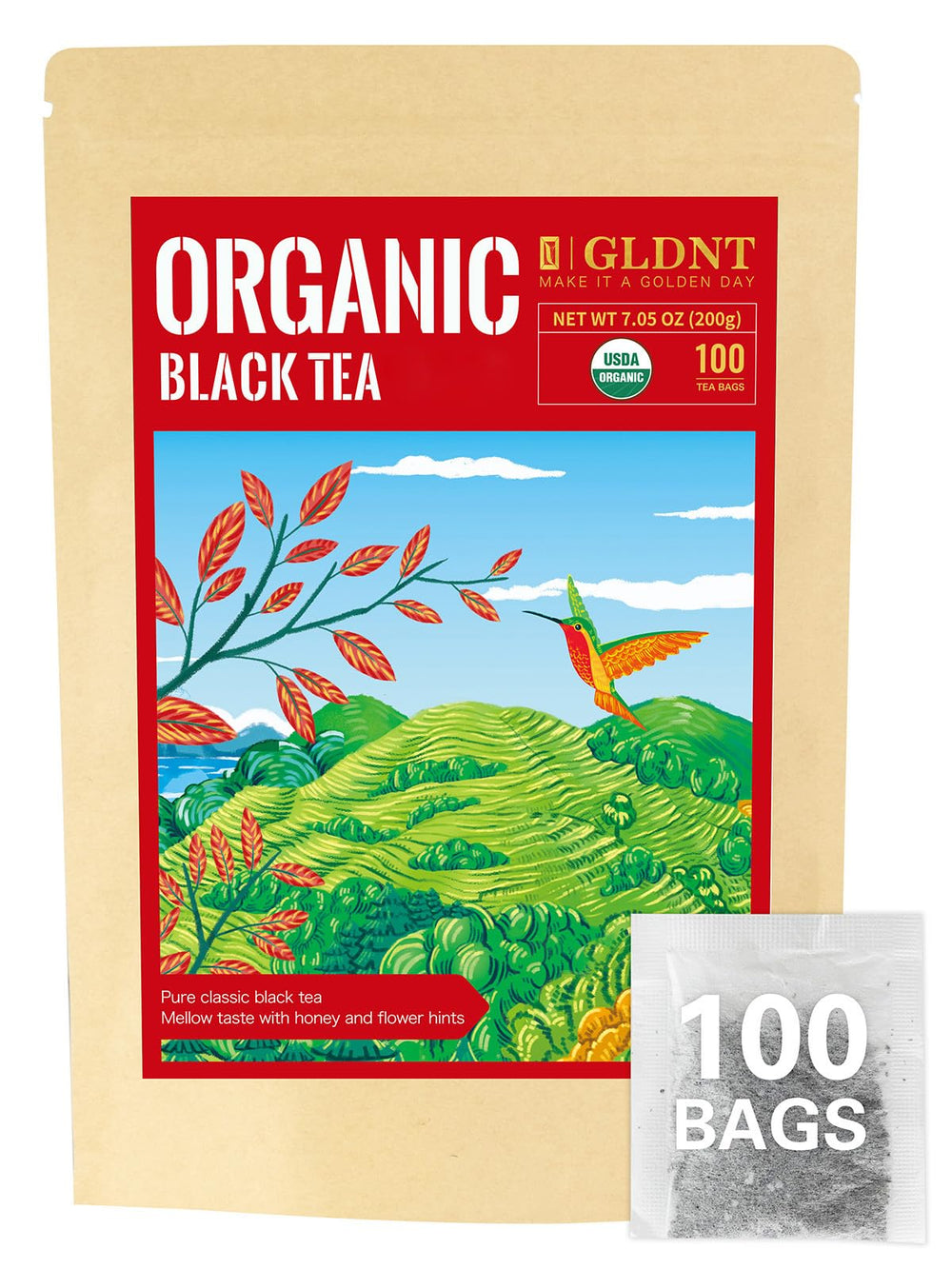 GLDNT organic black tea bags packaging closeup for freshness