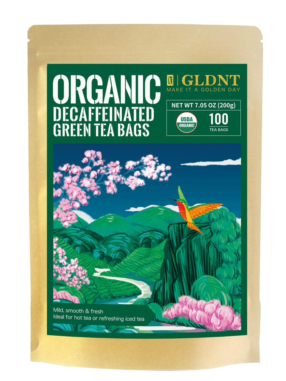 GLDNT Organic Decaf Green Tea Bags shown in a hot cup with smooth flavor.