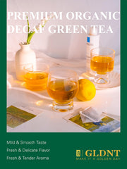 GLDNT Organic Decaf Green Tea Bags packaging emphasizes compostable materials.