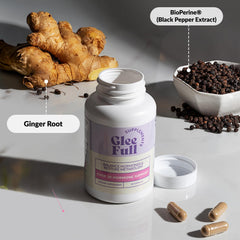 GLEEFULL SUPPS GleeFull ingredients highlight maca and ginger herbs.