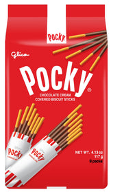 Glico Pocky chocolate cream box front showing nine individually wrapped bags for easy sharing.