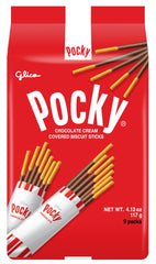 Glico Pocky chocolate cream box front showing nine individually wrapped bags for easy sharing.
