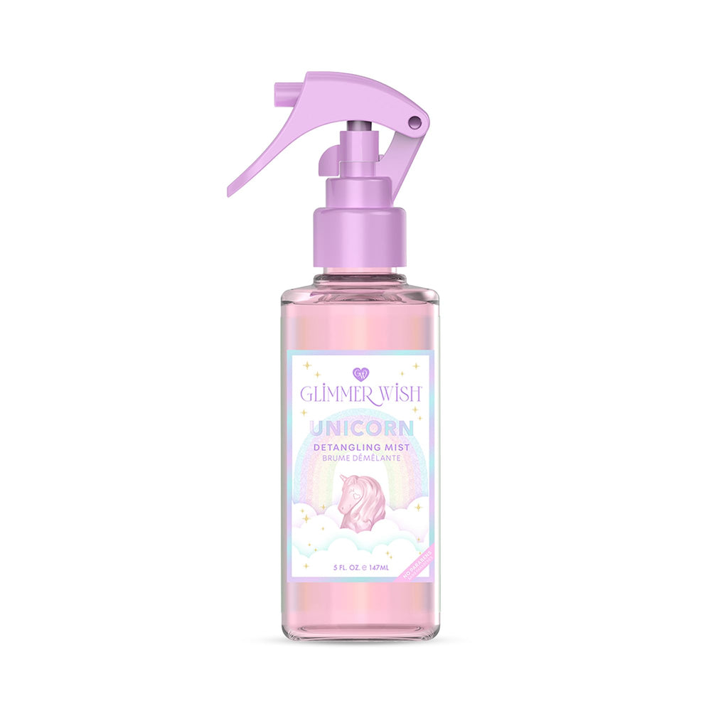 Glimmer Wish Unicorn Hair Detangler Spray bottle ready for on-the-go detangling.