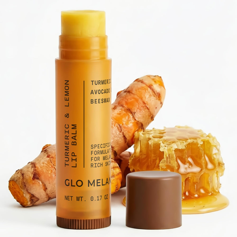 Glo Melanin lemon-turmeric lip balm tube delivering brightening and hydration.