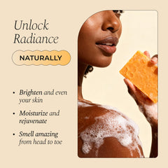 Close-up of Glo Melanin turmeric soap texture highlighting natural ingredients.