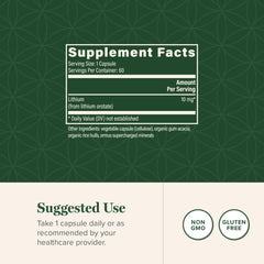 Global Healing Center Lithium Orotate 10mg label shows ingredients and dosage details
