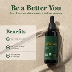 Global Healing Center moringa liquid drops being poured for quick absorption.