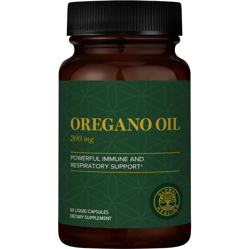 Global Healing Center oregano oil capsules bottle highlights immune support potential.
