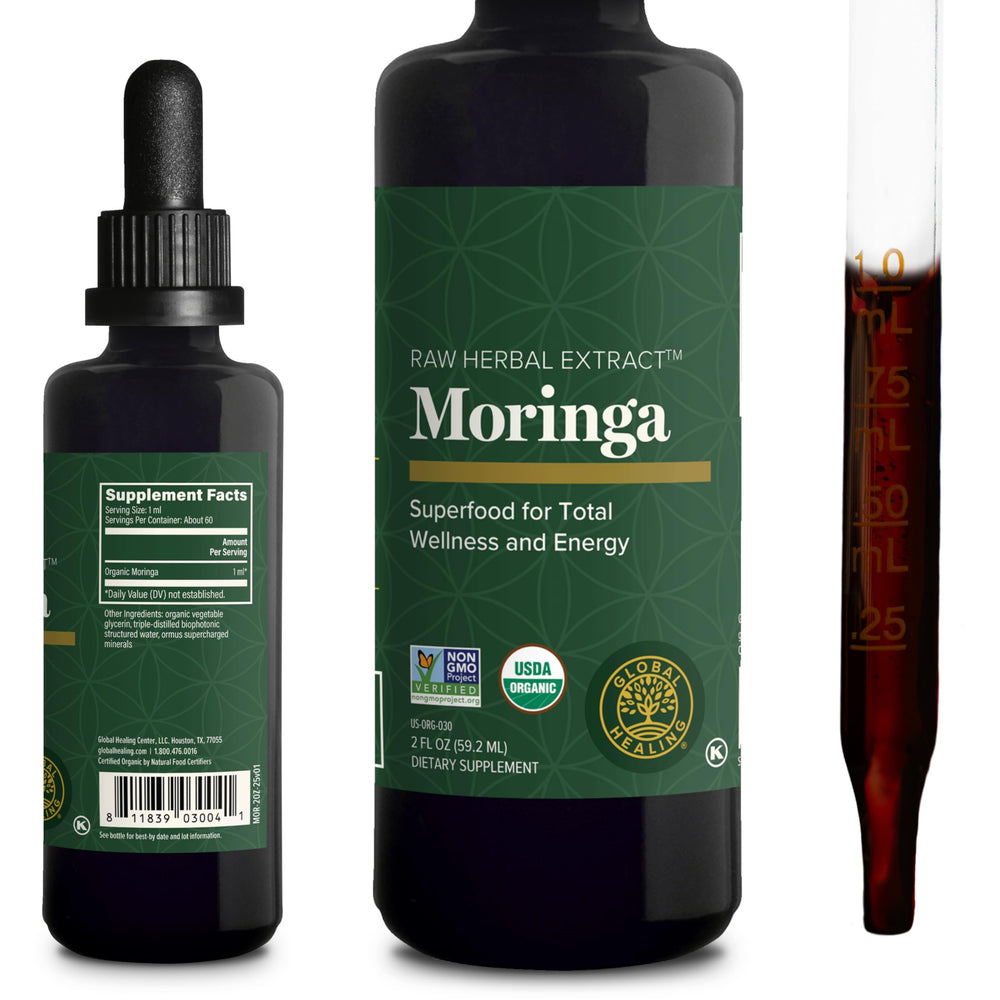 Global Healing Center Organic Moringa liquid drops bottle for convenient daily supplementation.