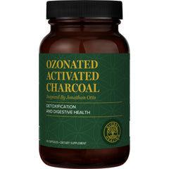 Global Healing Center ozonated activated charcoal powder bottle aids digestive detox and gas relief.