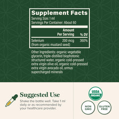 Global Healing Center Selenium Drops label close-up highlighting organic mustard seed source.