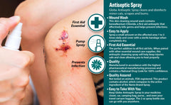 Globe antiseptic spray being applied to skin for quick wound cleaning
