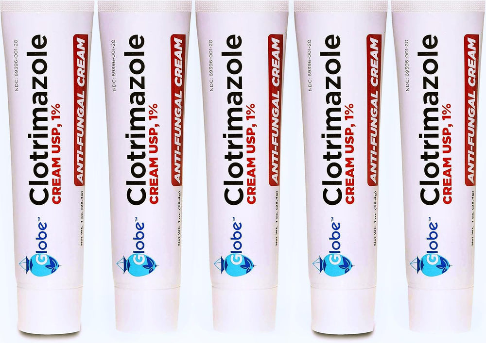 Globe Clotrimazole 1% cream five-pack front view for convenient at-home fungal care.