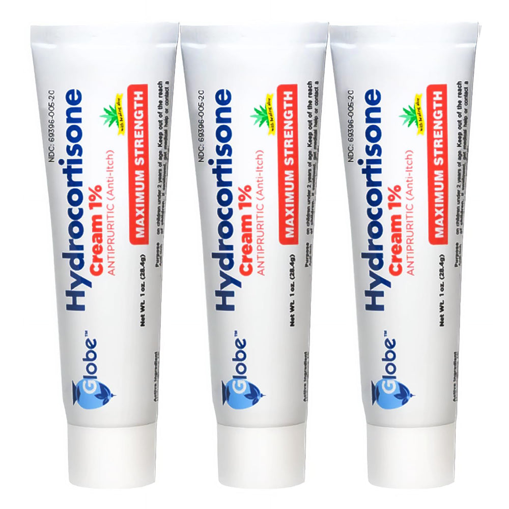 Globe Hydrocortisone cream 3-pack tubes ready for itch relief.