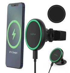 Gloplum magnetic car charger mount angled view showing MagSafe compatibility for road use
