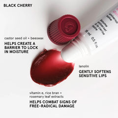 Glossier Balm Dotcom swirl texture demonstrates buildable burgundy finish on lips.