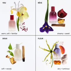 Glossier Fleur bottle close-up, fresh floral aura for daytime wear.