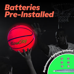 GlowCity red glow basketball with durable rubber skin for indoor/outdoor use.