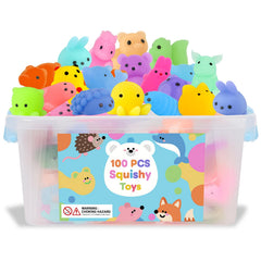 Gluaintdux 100-pcs squishy toys in a bucket for on-the-go play and easy sharing.