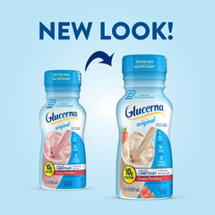 Glucerna Original Strawberry bottle on table, convenient diabetic-friendly shake.