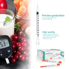 GLUCO-CARE syringe with leak-proof plunger design reduces spills.